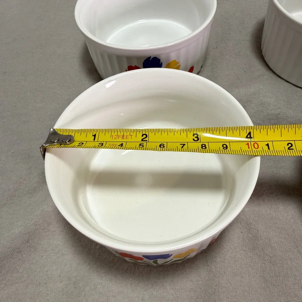 4 Tulip Tyme Ramekins Stoneware 80s VTG Floral Primary Colors Japan Fluted Edge